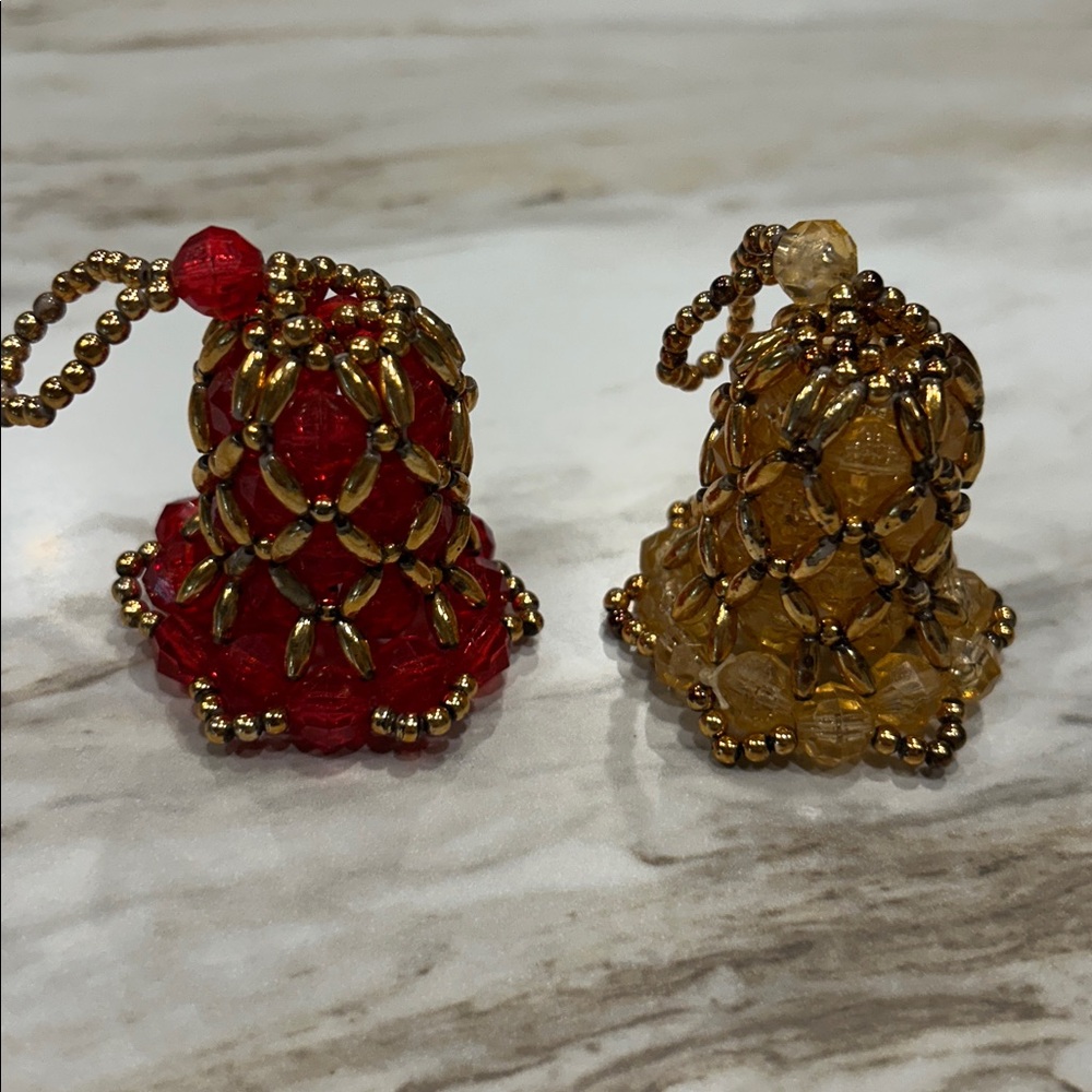 Vintage 1970’s hand beaded bell Christmas ornaments red and gold lot of 2. 2 in